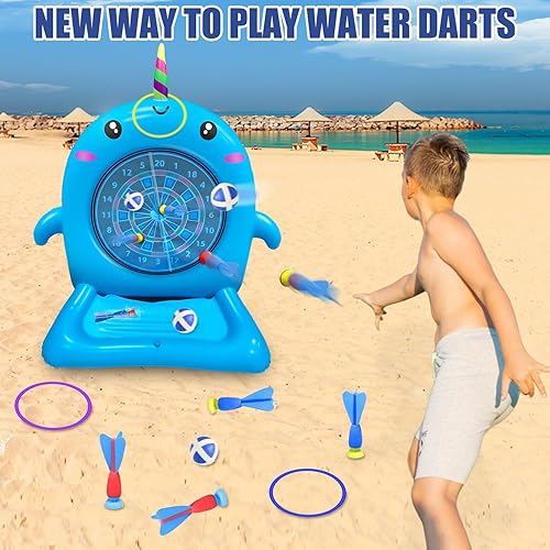 Miniatura 4 de Dollox Juguetes de piscina para niños Juego de mesa de dardos flotante grande de 45 pulgadas, lindo juguete inflable de delfín para jugar en