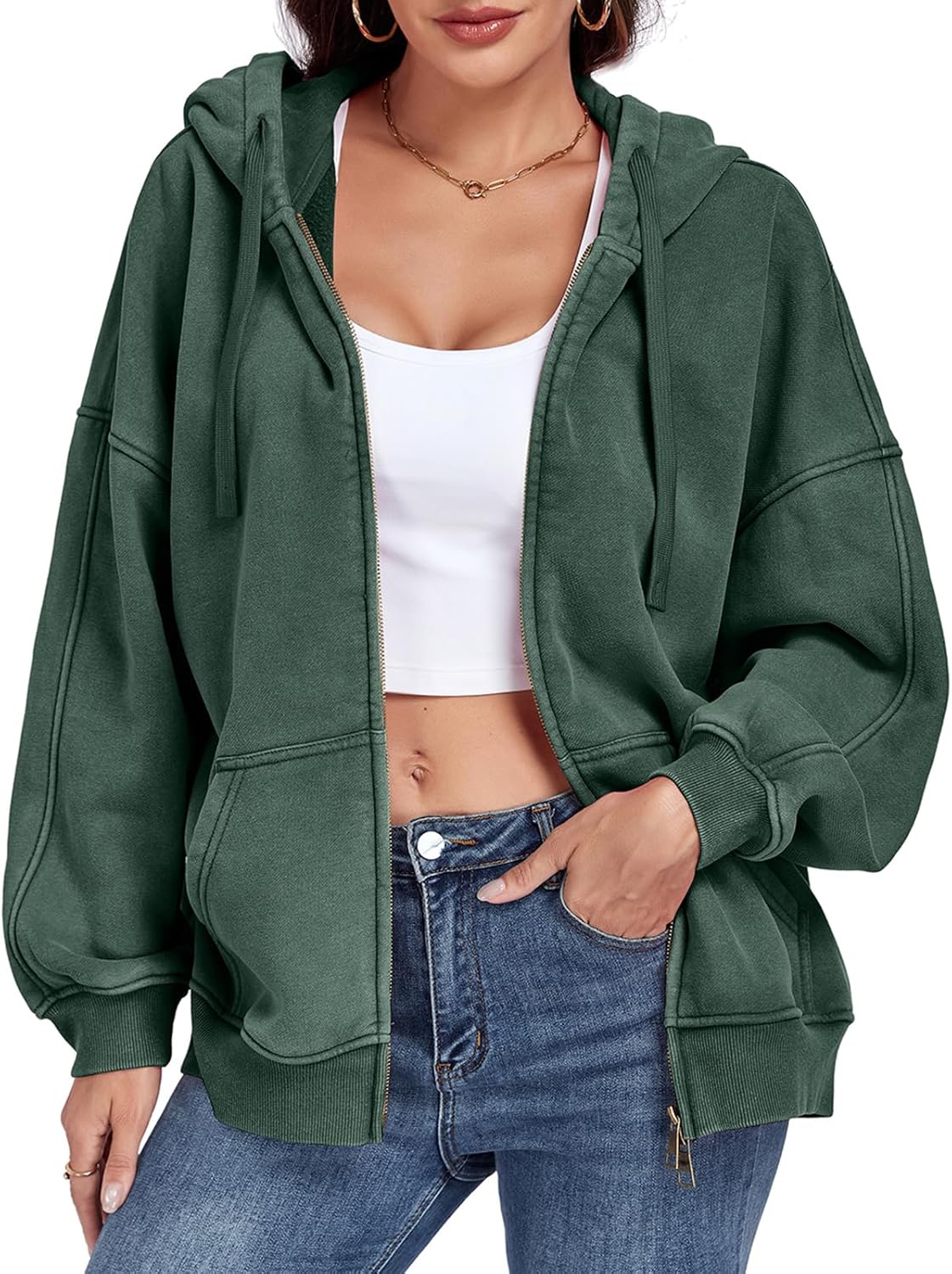 ALSOGO Womens Double Zip Up Oversized Hoodie Fleece Acid Wash Long Sleeve Sweatshirts Distressed Vintage Cotton Jackets