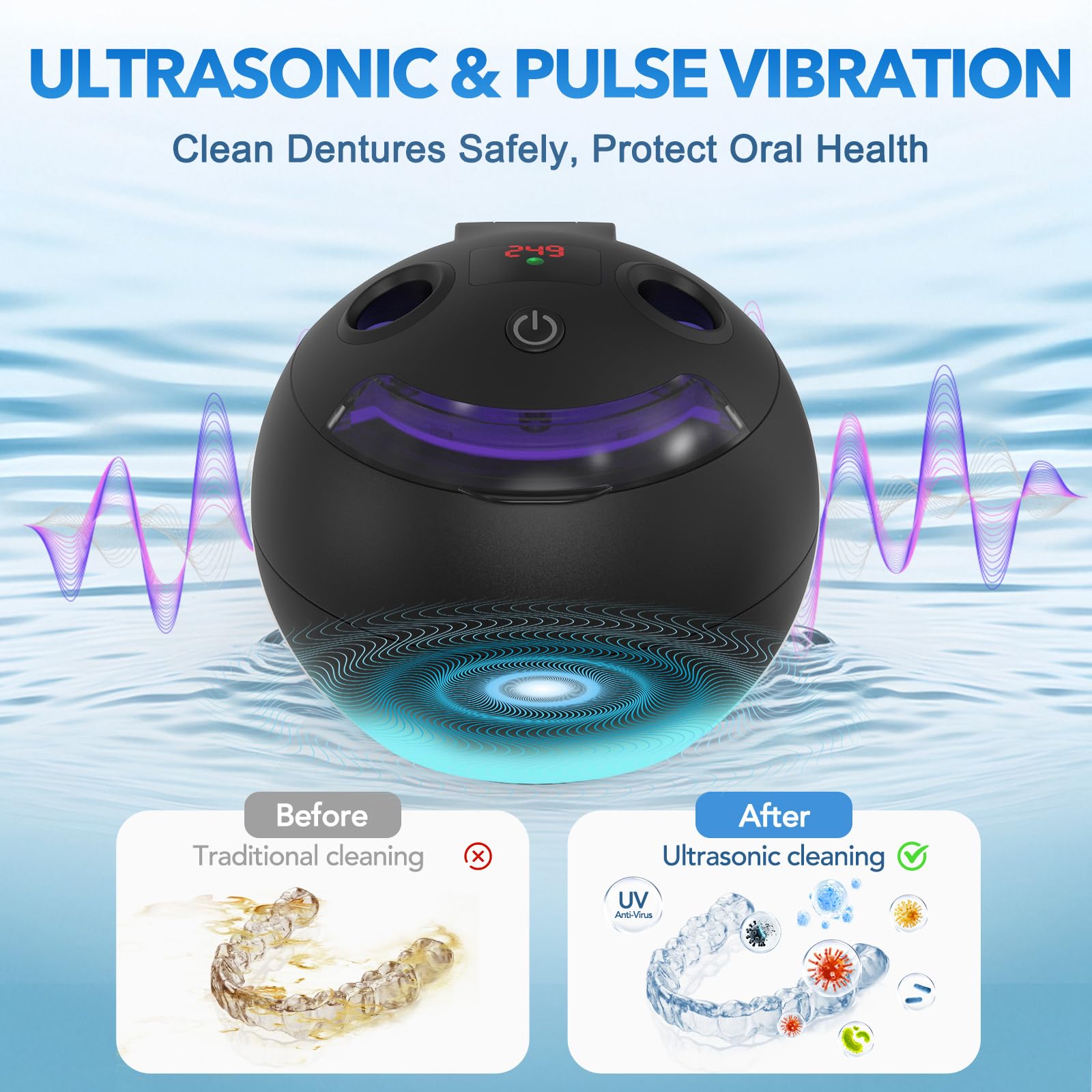 Limpiador ultrasónico dental de retención – Cápsula de limpieza dental de 48 kHz para prótesis, aparatos ortopédicos, protector bucal, cabezales de cepillo de dientes, joyas, máquina limpiadora de