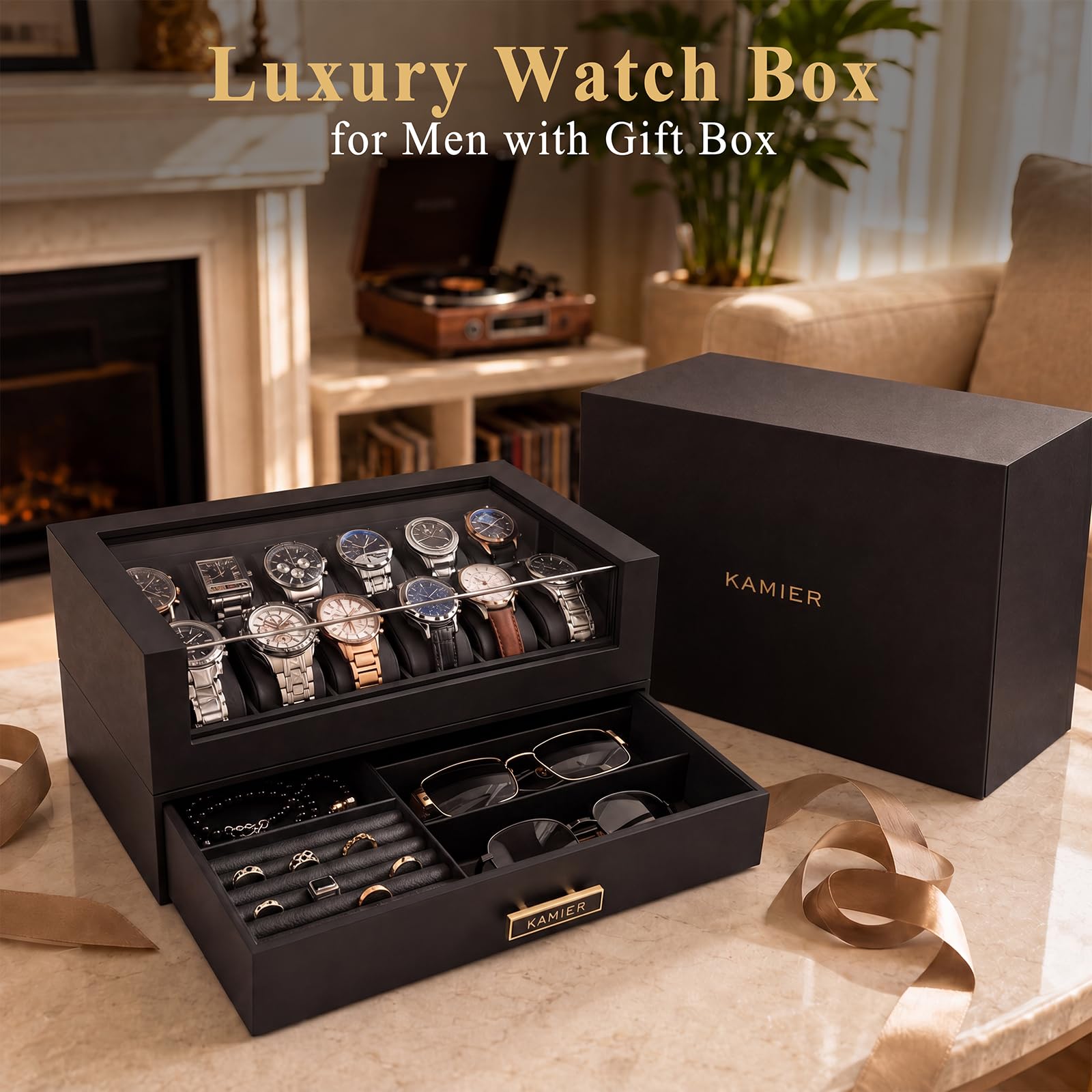 KAMIER Boîte à montres à 12 fentes,Boîte à montres en bois à deux étages pour hommes avec porte-montre et tiroir,Noir