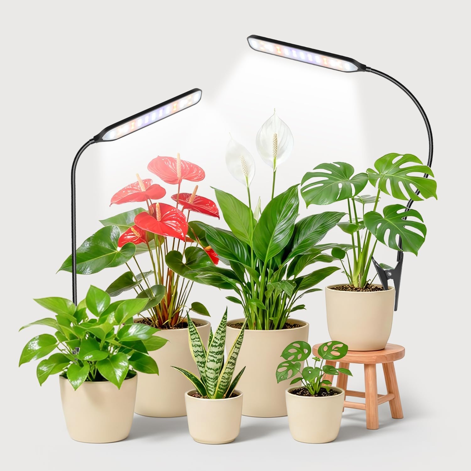 Garpsen Grow Light, 6000K Full Spectrum Plant Light with Timer 6/12/16Hrs, Rectangular Grow Lamp with Clip & Gooseneck for Indoor Plants, 3 Spectrums and 5 Dimmable, 2Pack