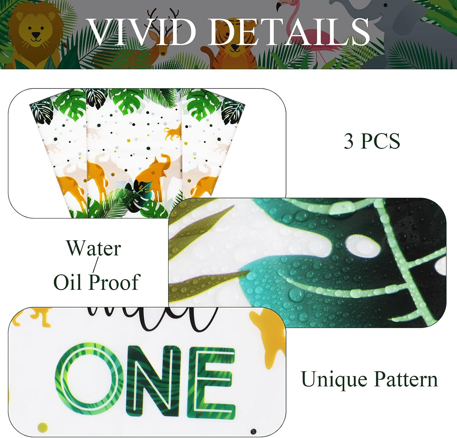 3 Pieces Wild One Tablecloth Wild One Birthday Decorations Jungle Theme Table Cover Jungle Birthday Tablecloth Animal Safari Baby Shower Decorations for Boy Baby Shower Supplies, 70.9 x 42.5 Inch