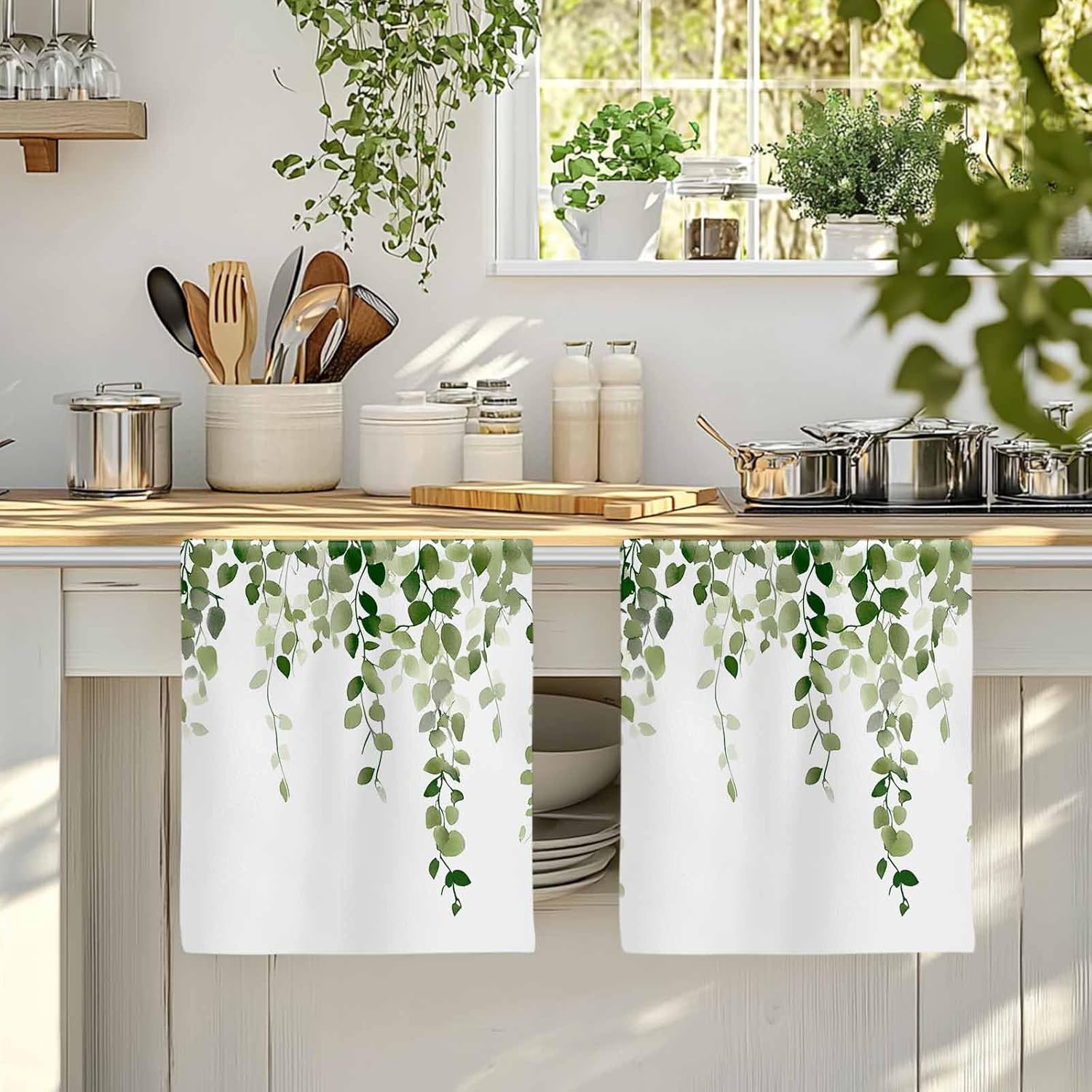 Sage Green Eucalyptus Kitchen Towels Set of 2, Absorbent Dish Towels for Kitchen, Spring Summer Botanical Plants Chic Microfiber Hand Towel, Quick Drying Tea Towel for Cleaning Decorative Dishcloths