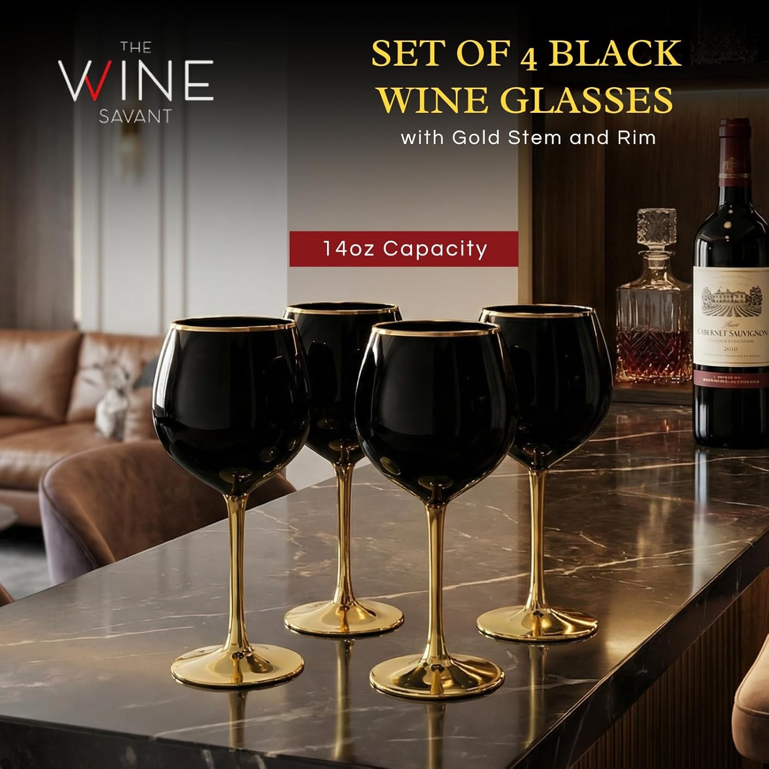 Savant Set of 4 Black Wine Glasses with Gold Stem and Rim, 14 oz - Luxury Wine Glassware for Tasting, Weddings, Anniversaries, Birthdays - Image 2