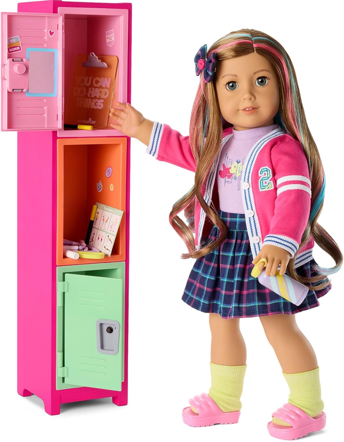 American Girl Truly Me 18-inch Doll Colorful Cubbies Locker Playset with Fold-out Hook and Real Chalkboard, For Ages 6+