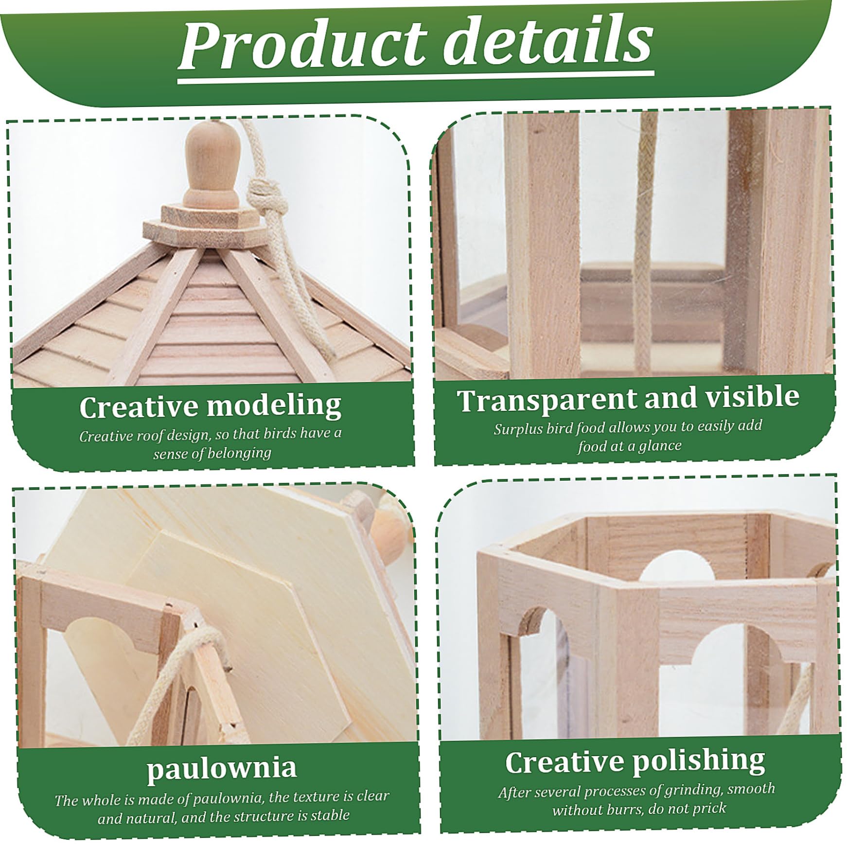 Comedero para pájaros de madera, mesa para pájaros colgante impermeable con techo extraíble, comedero para casa de jardín natural, mesa decorativa de madera para amantes y decoraciones de jardín