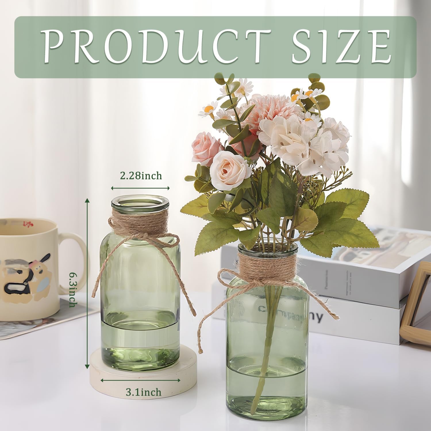 Glass Flower Vases for Centerpieces Boho Cylinder Bud Vases in Bulk Mason Jars for Weddings, Parties & Vintage Home Decor St. Patrick's Day (6, Green) - Image 5