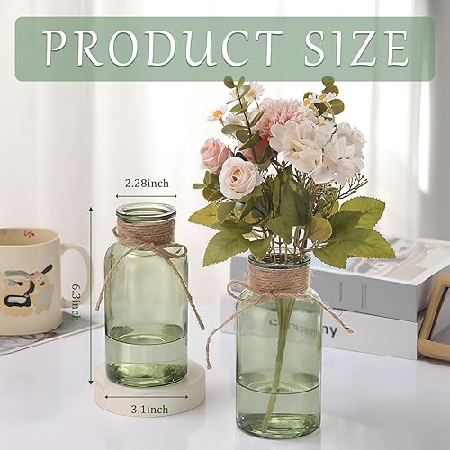 Miniatura 5 de Juego de 6 jarrones de cristal verde para centros de mesa, tarros Mason de estilo bohemio, cilíndricos a granel, para bodas, fiestas, decoración