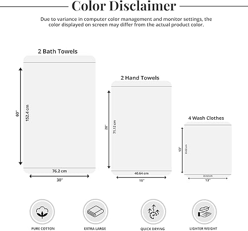 Miniatura 6 de Tens Towels Juego de toallas de 8 piezas, 2 toallas de baño extra grandes, 2 toallas de mano, 4 toallas faciales, 100% algodón, peso más ligero, más