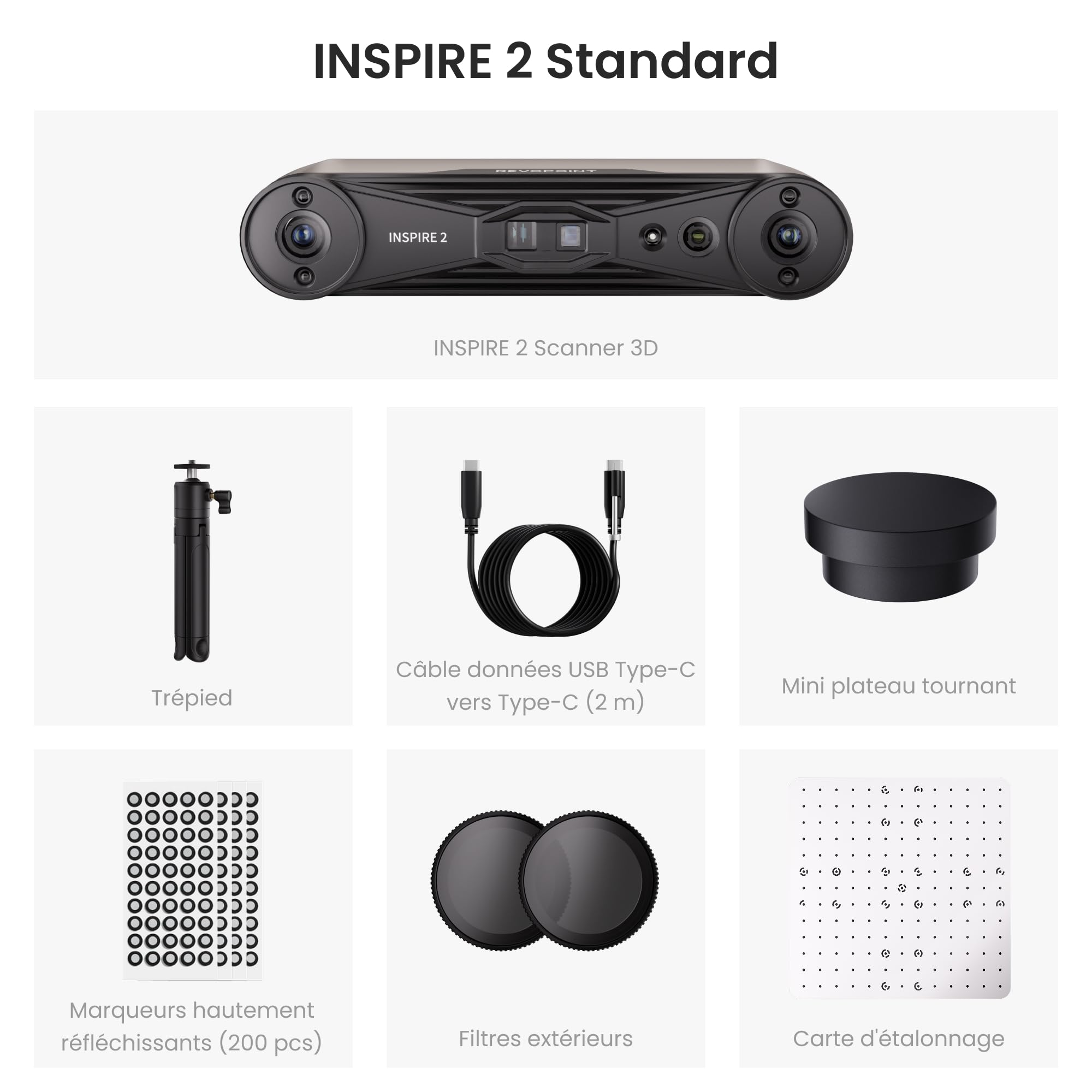 Revopoint INSPIRE 2 Scanner 3D pour impression 3D, précision jusqu’à 0,03 mm, laser multi-lignes et lumière structurée, numérisation sans fil et en extérieur, scans en couleur, Standard