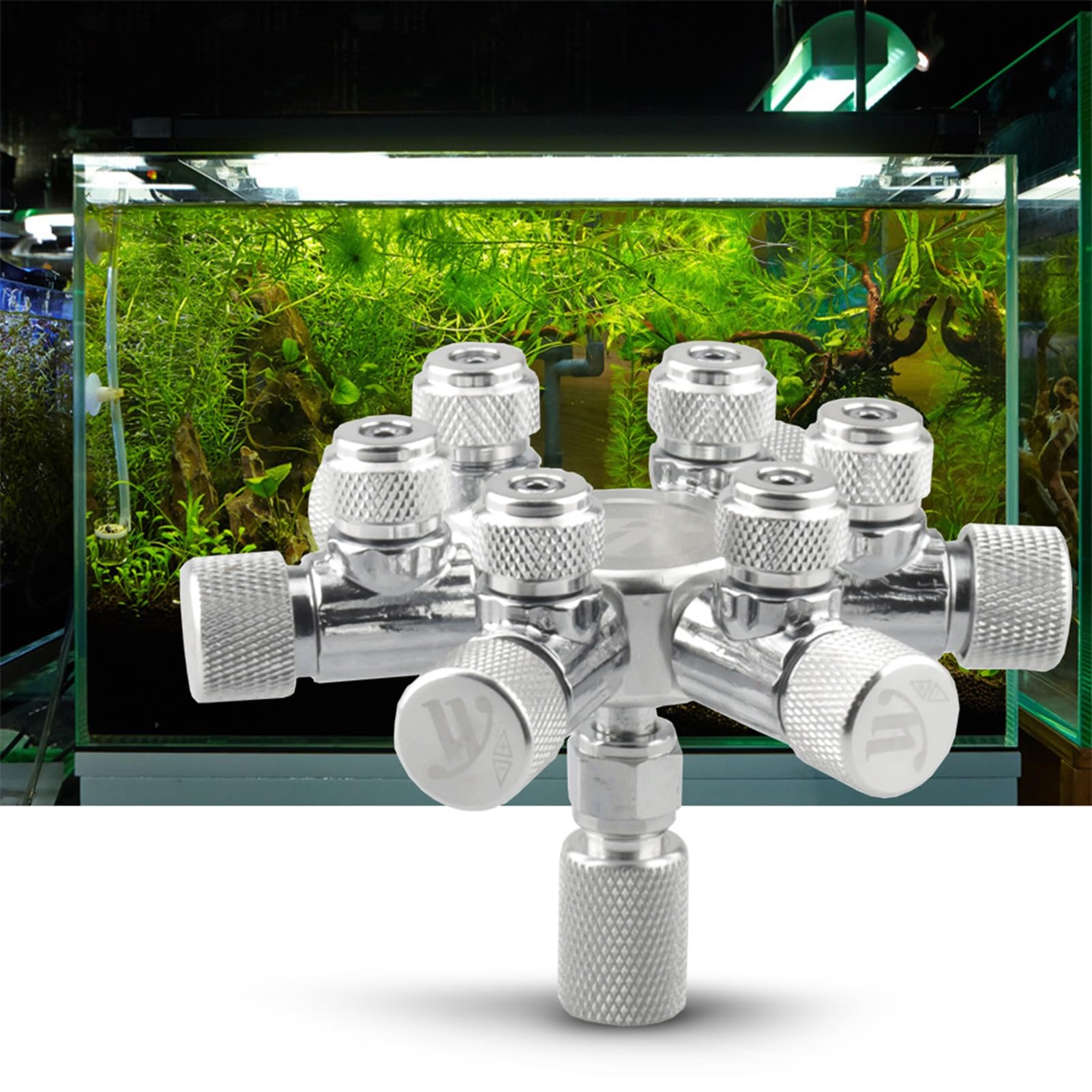 Pongnas di Co2 per Acquario, Generatore di Co2 Valvola di Regolazione Fine Argento a Due Vie Acquari Co2 Multipli per Pesci (Prese a 6 Vie)