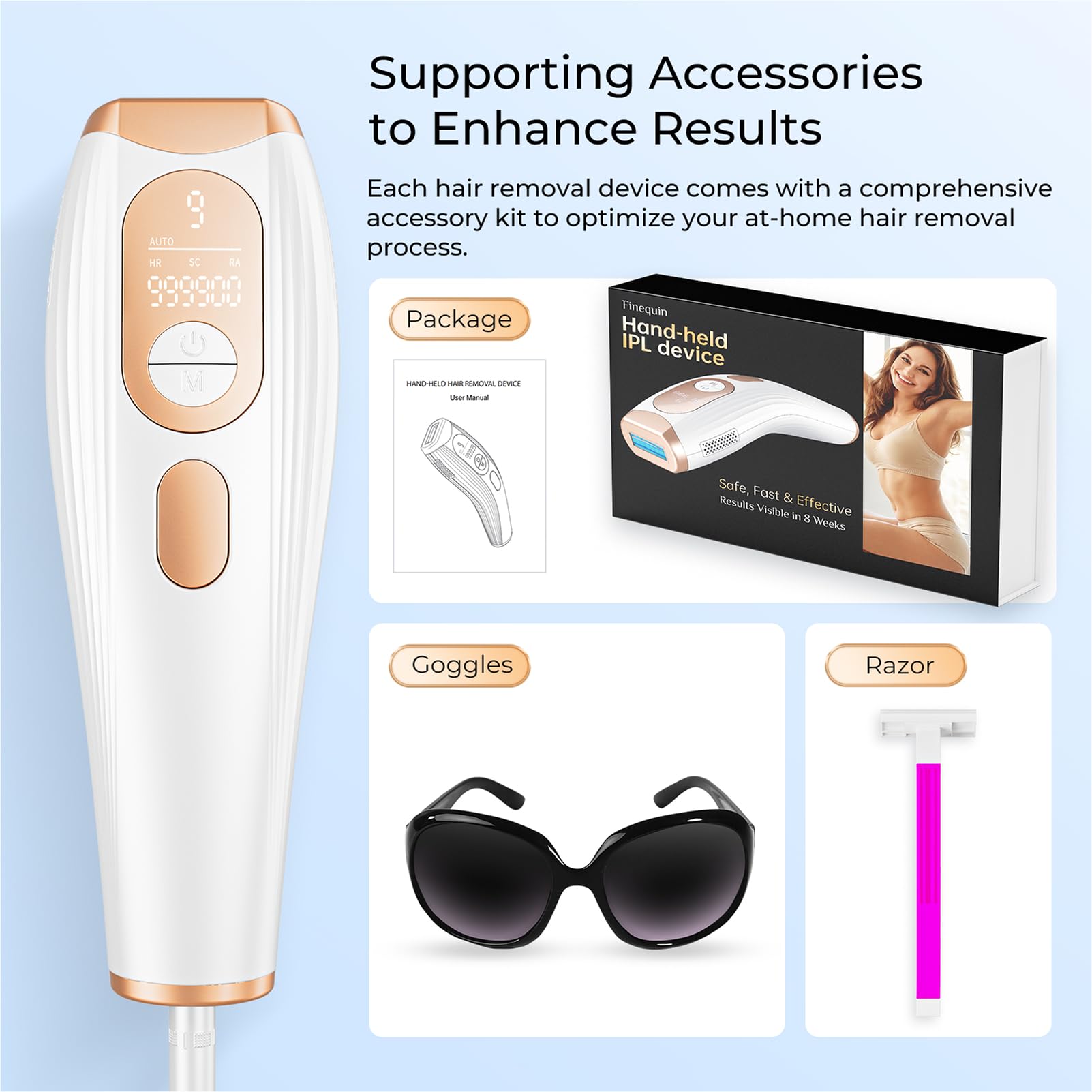 Finequin Laser Hair Removal, IPL Laser Hair Removal for Women and Men Permanent, Hair Removal Device with 3.0 IPL Red Light Wave, Home Laser Hair Removal Device for Facial Legs Armpits Bikini Body Use: Gold White