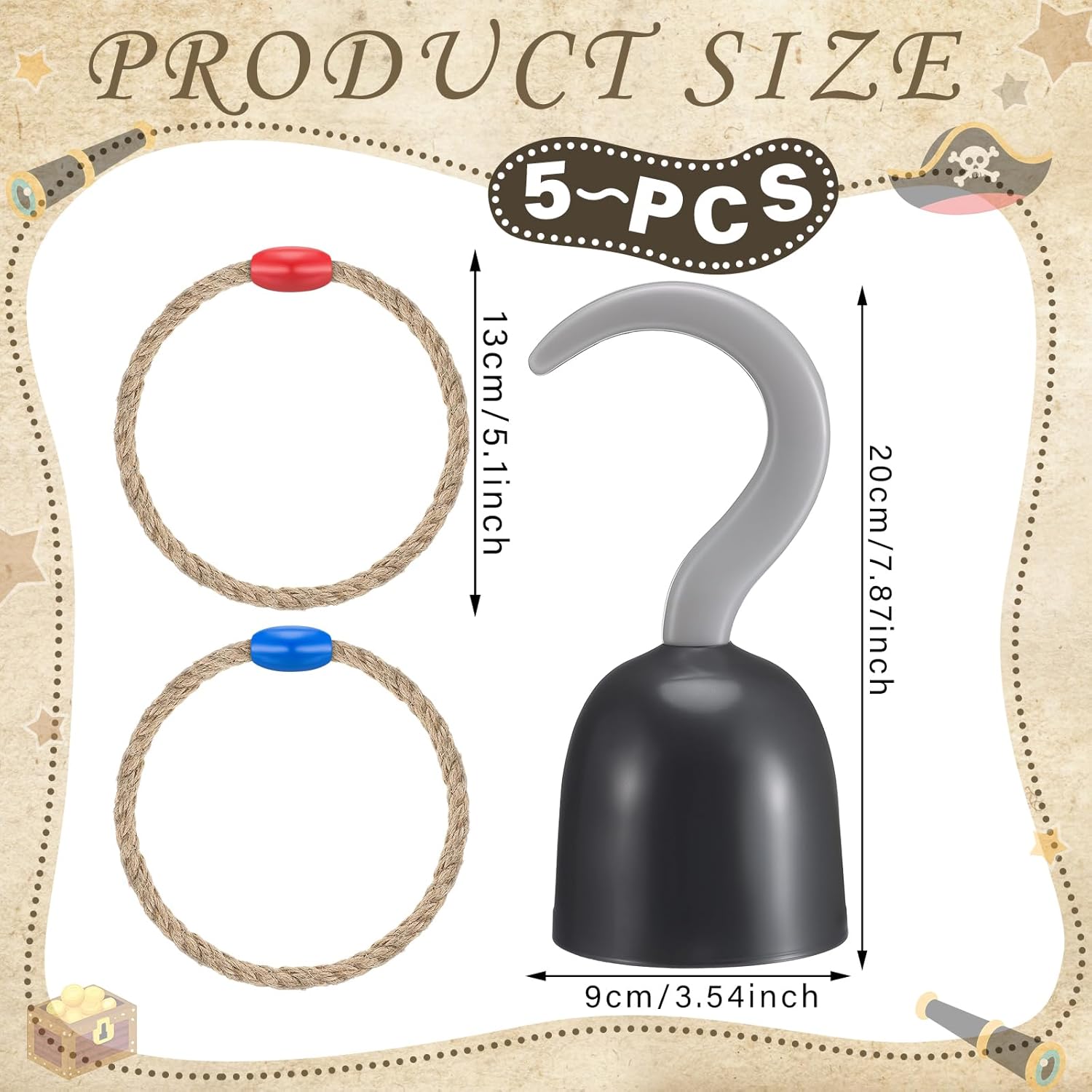 Leitee 15 Pcs Captain Hook Ring Toss Game Pirate Party Toss Game for Kid with Dice Rope Rings for Family Outdoor Yard Sport Party Accessories Captain Birthday Decor