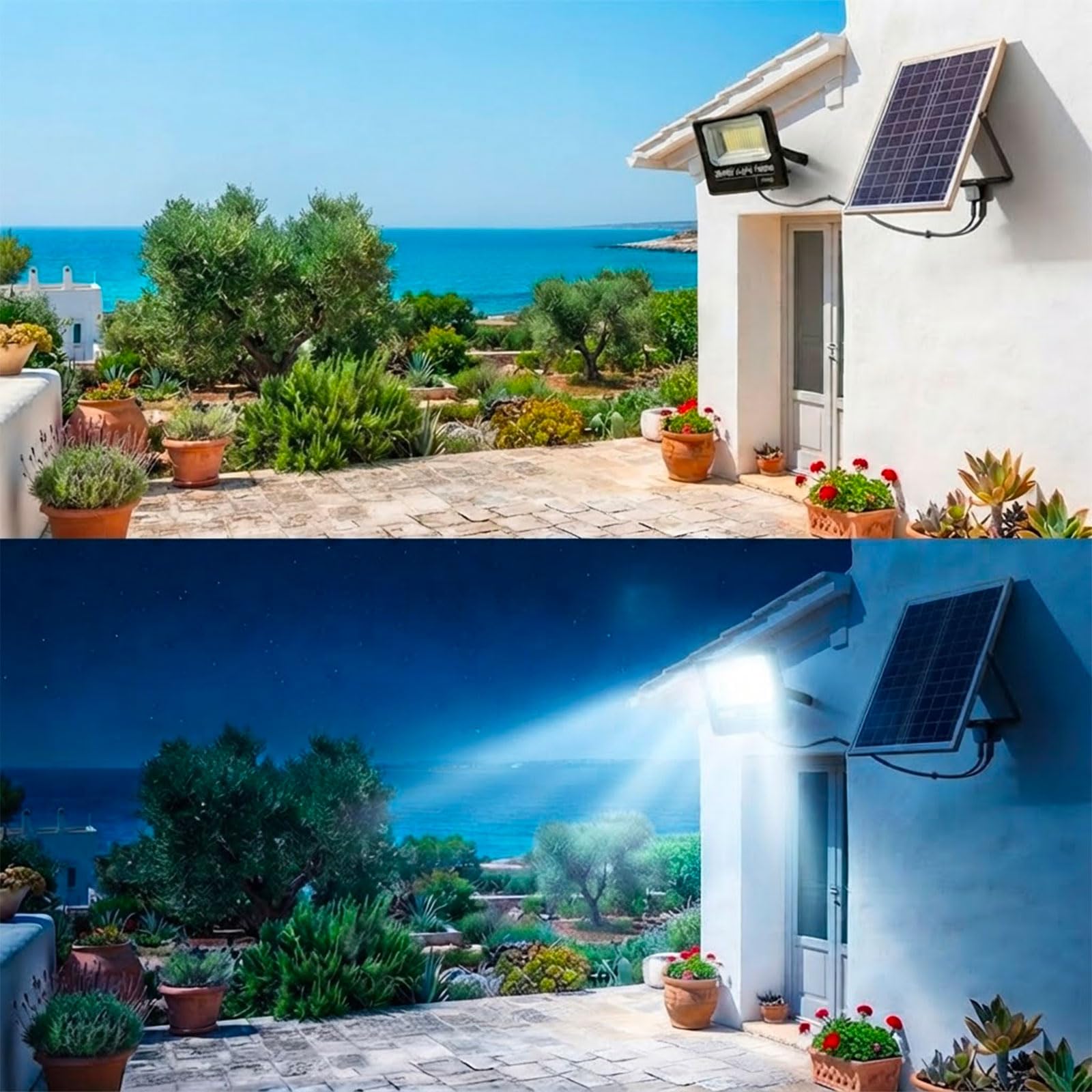 Faro Solare LED 800W con Pannello Solare, Luce Esterno 6500K Ultra Potente, Sensore Crepuscolare Automatico, Telecomando, IP66 Impermeabile, Faretto da Esterno per Giardino, Cortile, Strada