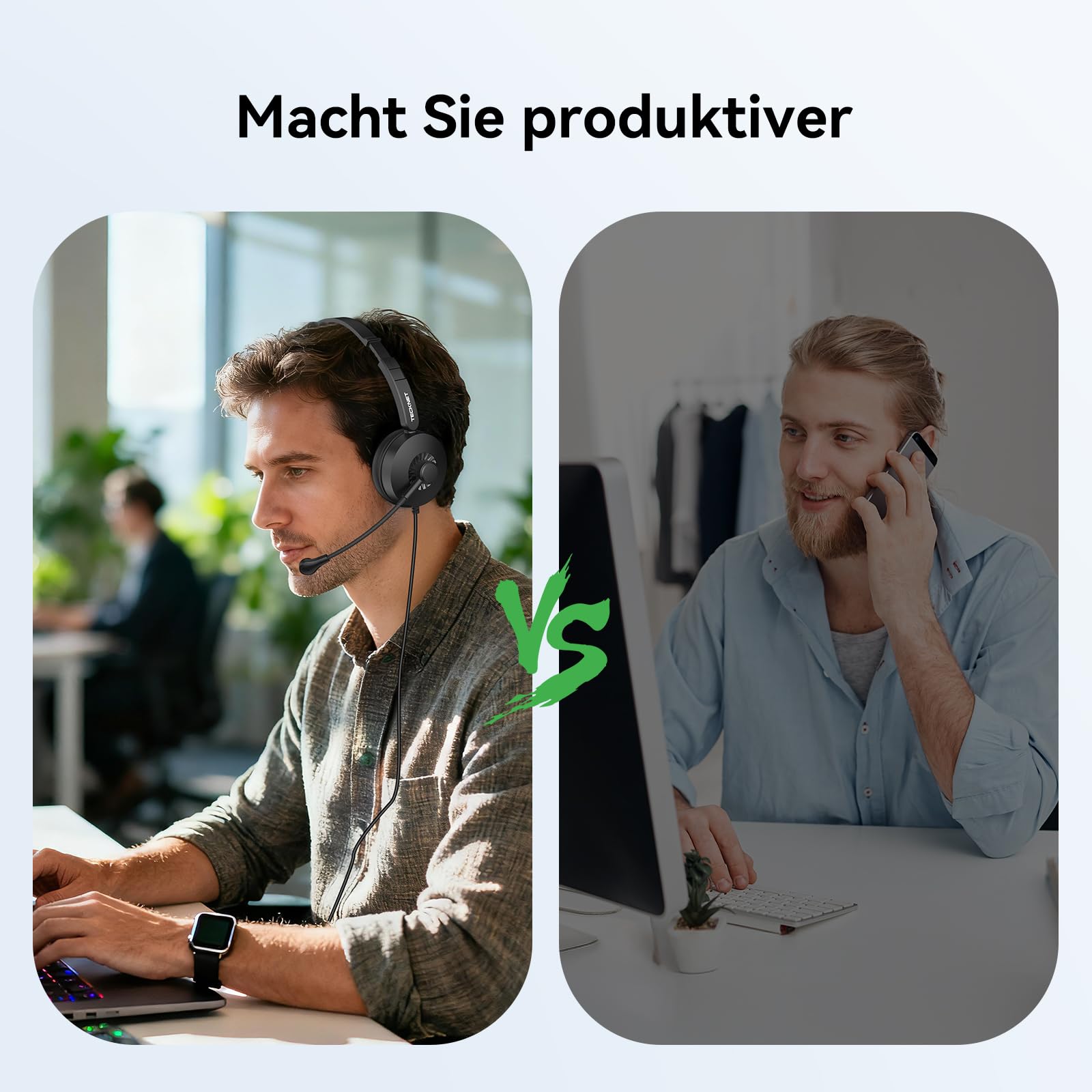 TECKNET Headset mit Mikrofon, USB Headset, kabelgebundenes PC-Headset, 2,0 m langes Kabel, Stereo-Kopfhörer für Skype, Teams-Meetings, Call-Center, Büroanrufe und Online-Konferenzen