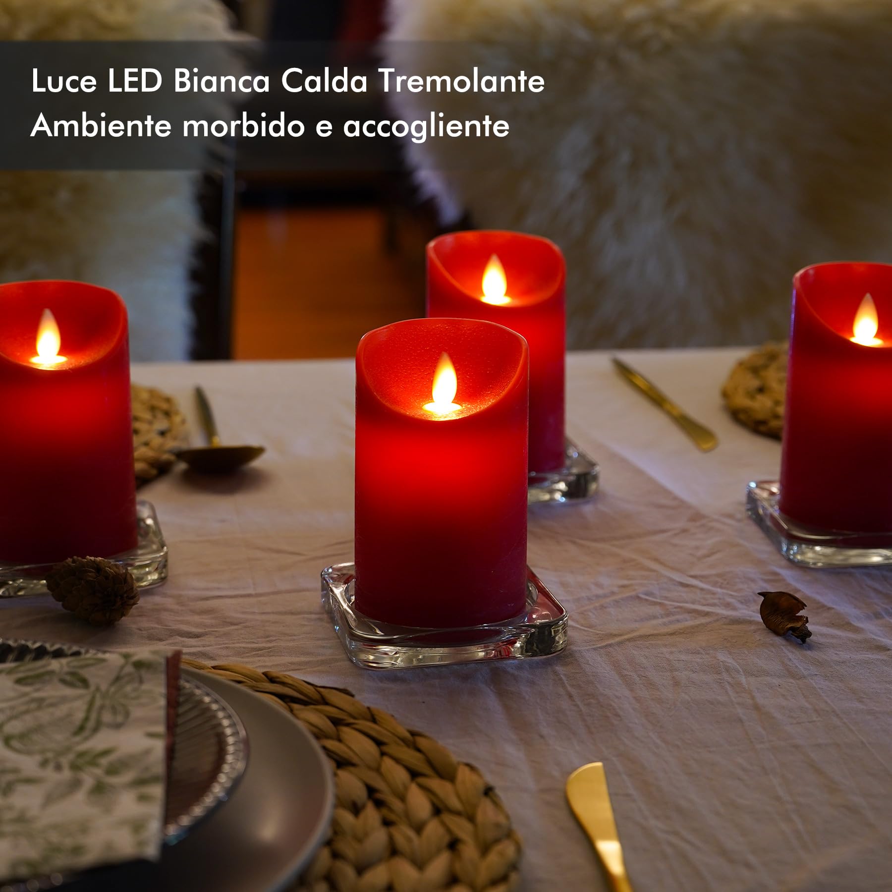 Fanna 4 Candele Rosse Natalizie LED Fiamma Oscillante con Telecomando e Batterie, Candele Avvento con Timer per Natale Uso Interno - Ø 7,5cm x H 12,5 cm