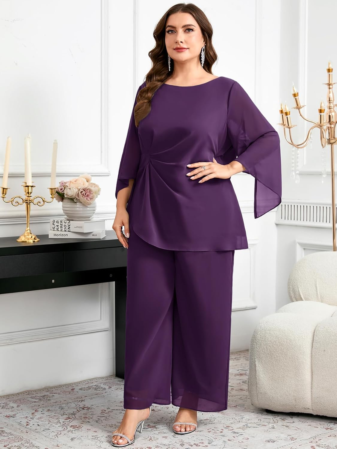 CYCLAMEN Plus Size Mother of Bride Pant Suits 2 Piece Chiffon Sets Asymmetric Wedding Guest Outfit - Image 6