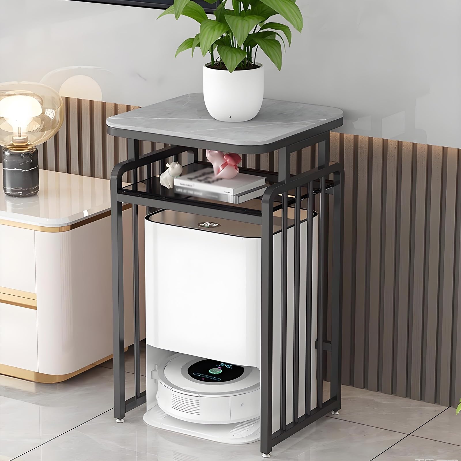 Meuble de rangement sous vide robot : cache station d'accueil discret