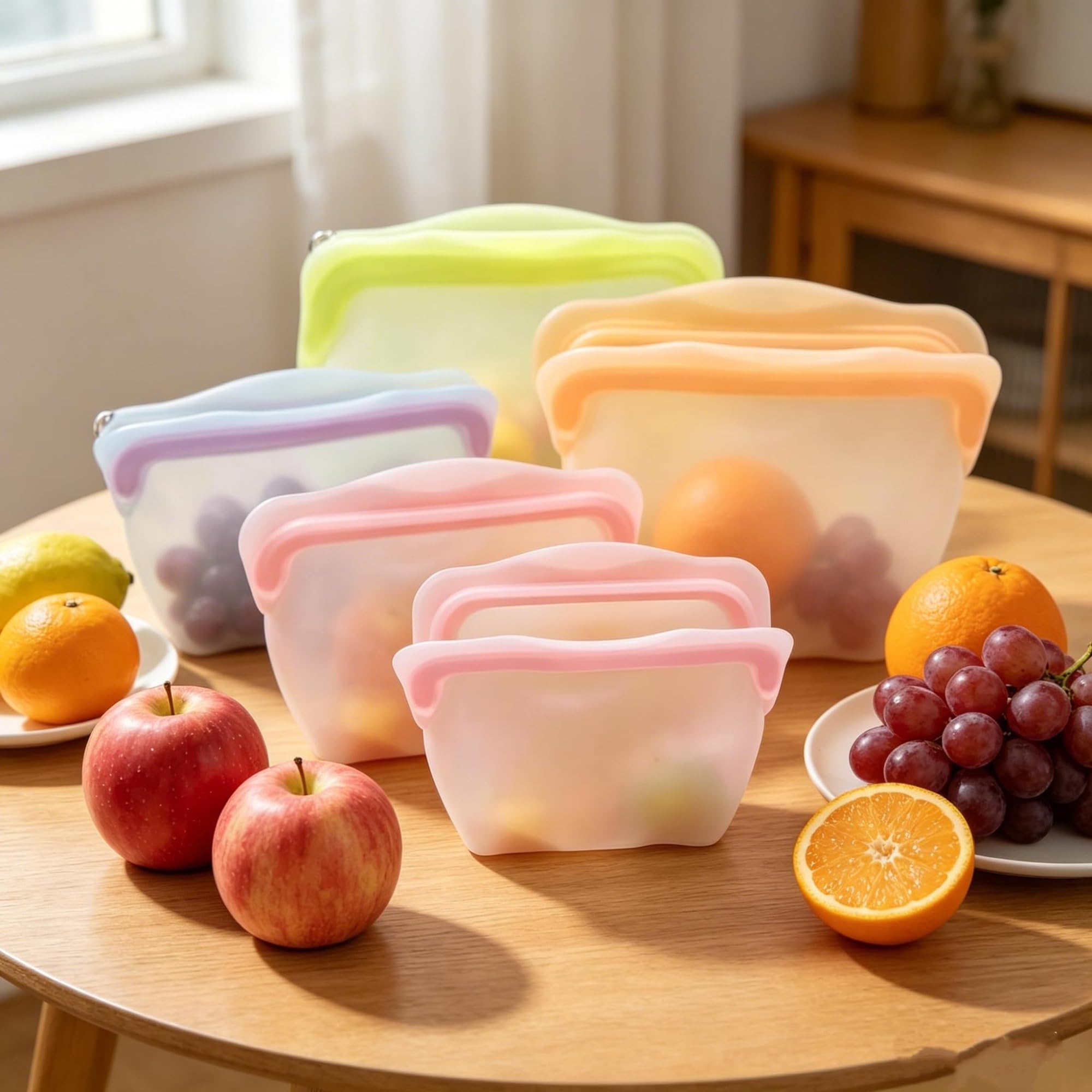 Sacchetti per alimenti riutilizzabili in silicone, trasparenti e a prova di perdite, adatti per congelatore, forno a microonde e congelatore verticale (8 pezzi)(A,1000ML)