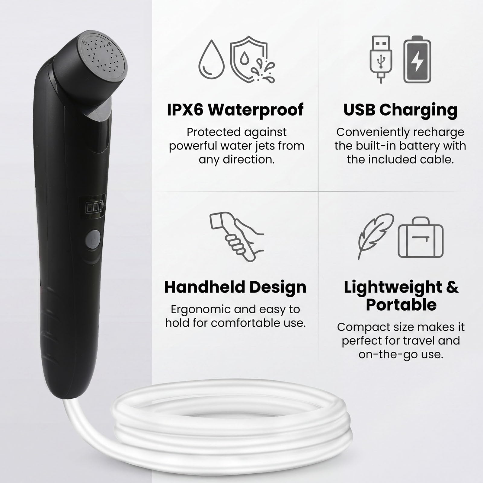 tragbare Außendusche,handgeführte elektrische Dusche,IPX6 wasserdicht,USB-Aufladung,eingebaute Batterie,kompakt und tragbar,geeignet für Outdoor-Camping,Strandbaden,Wandern,Haustierbaden