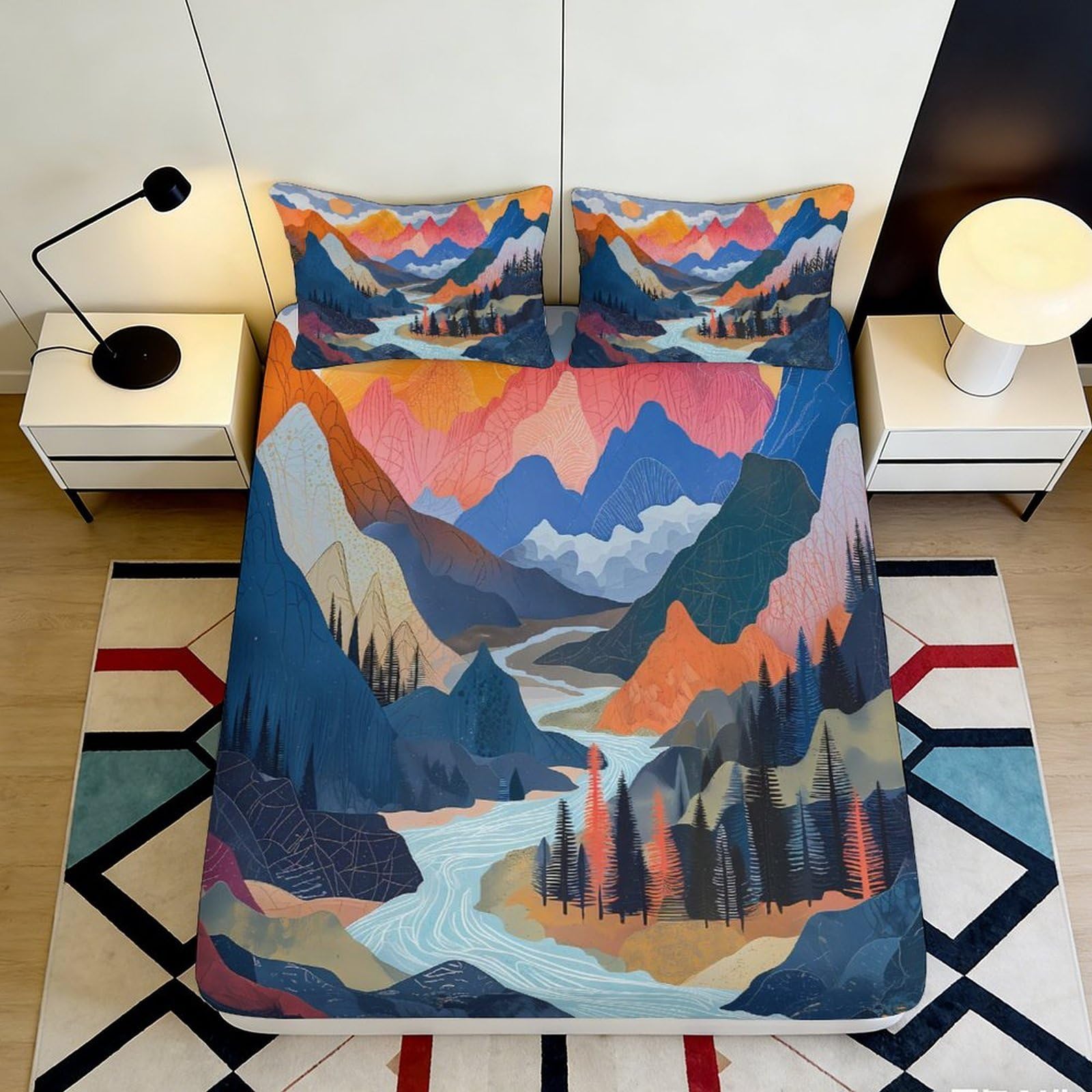 3D Printed Colorful Mountain Landscape Fitted Sheet Microfiber Soft Breathable River Valley Bed Cover for Bedroom Dormitory Guest Room Mattress Protection 140x200x25cm