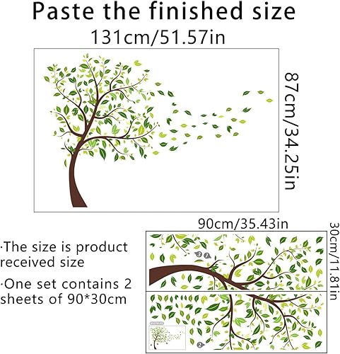Miniatura 3 de Calcomanías de pared de árbol verde, hojas voladoras, hojas verdes, decoración de pared para dormitorio, guardería, sala de estar, decoración de