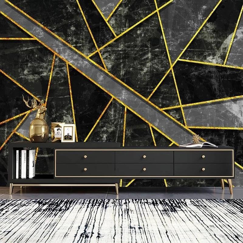 Papier peint autocollant PVC 3D avec lignes d'or géométriques pour salon