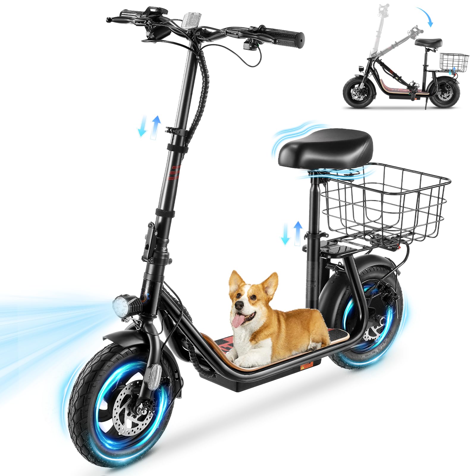 CaromaPeak 800W/1200W Electric Scooter Adults, 30 Miles Max Range, Foldable Electric Scooter with Seat, Front Suspension, Detachable Large Basket,Commuter E-Scooter for Adult and Teens