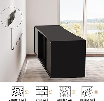 AMERLIFE Floating Fireplace TV Stand, Wall Mounted Mirrored Entertainment Center with 40 Electric Fireplace, Modern LED Lights Media Console for TVs Up to 90, Black