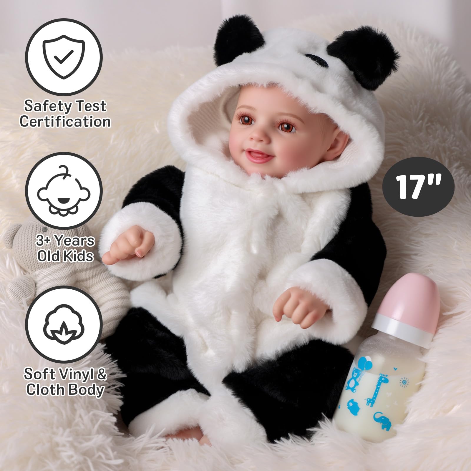 BABESIDE Reborn Babies Doll 17 pollici Sunny Realistico Neonato con Morbido Corpo in Tessuto Ragazze della Vita Reale Occhi Aperti,Panda