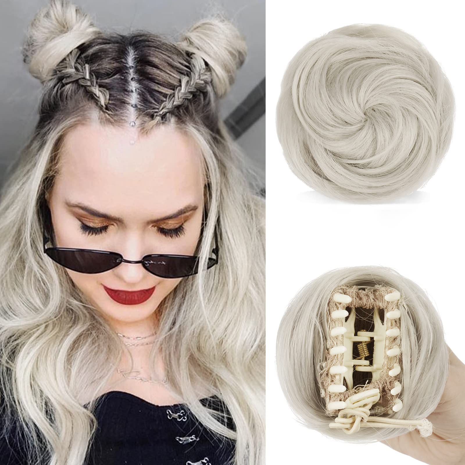 SOFEIYAN2PCS Mini Claw Clip in Hair Bun Messy Cat Ears Hair Bun Extension Synthetic Donut Wig Accessory Updo Space Bun Hair Pieces for Women Girls, Grey