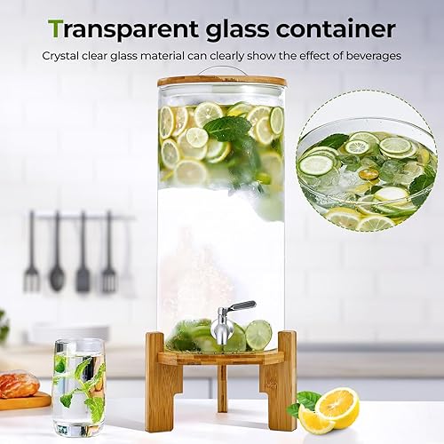 Miniatura 2 de Dispensador de bebidas de 2.1 galones con dispensador de agua de vidrio espita para fiestas, bares, restaurantes (8L) con soporte de madera