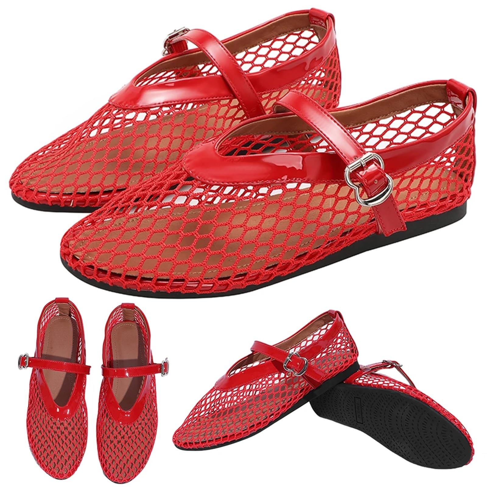 Mesh-Ballerinas mit verstellbarem Schnallenriemen, Flache Fischnetz-Sandalen, atmungsaktiv, for Damen, lässig, Büro Für Damen