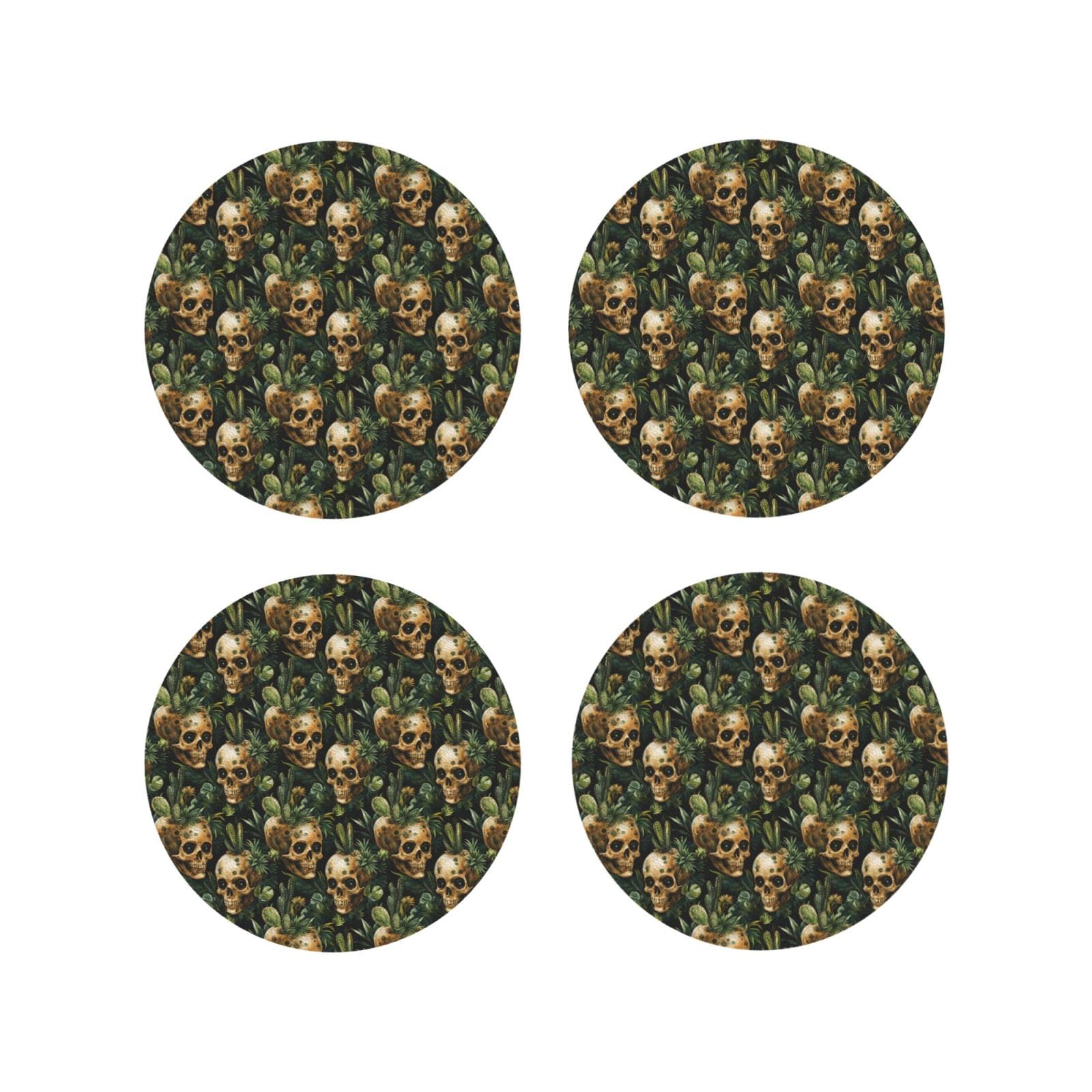 Leather Coasters Set of 4 - Funny Skull Cactus Print Lightweight Drink Coasters for Desk