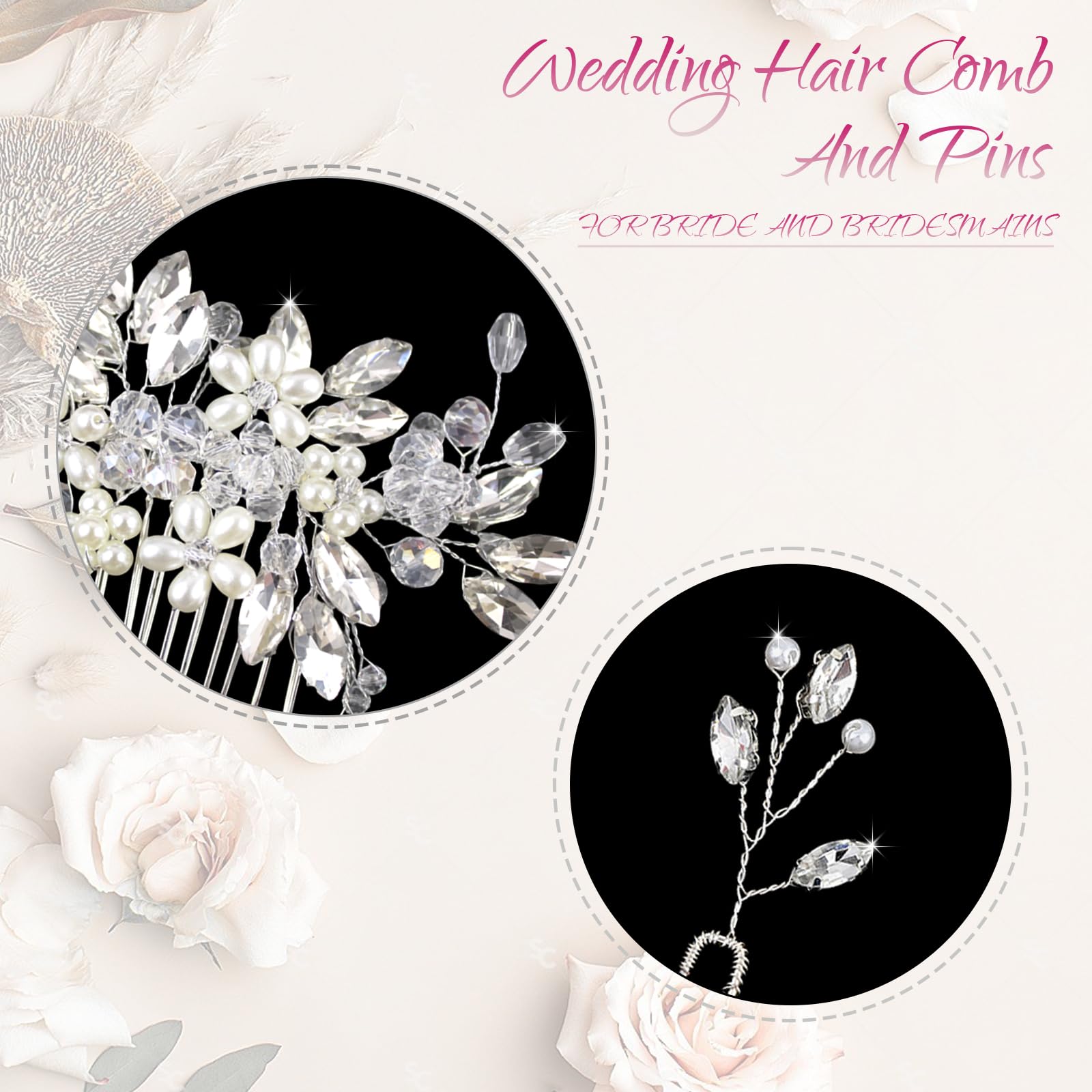 1 pettine per capelli da sposa con perle di cristallo, con 2 forcine per capelli con strass, accessori per capelli per sposa, damigelle d'onore, ragazze con fiori (argento)