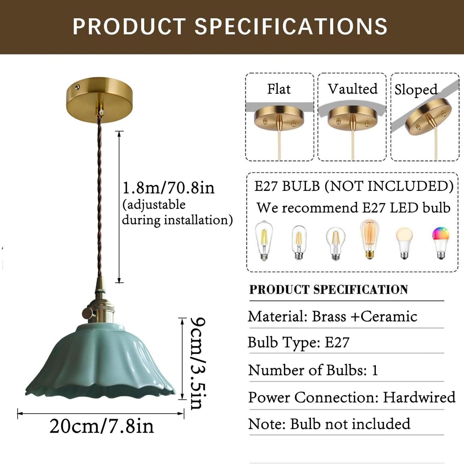 Lampada a Sospensione in Ceramica Con Attacco E27