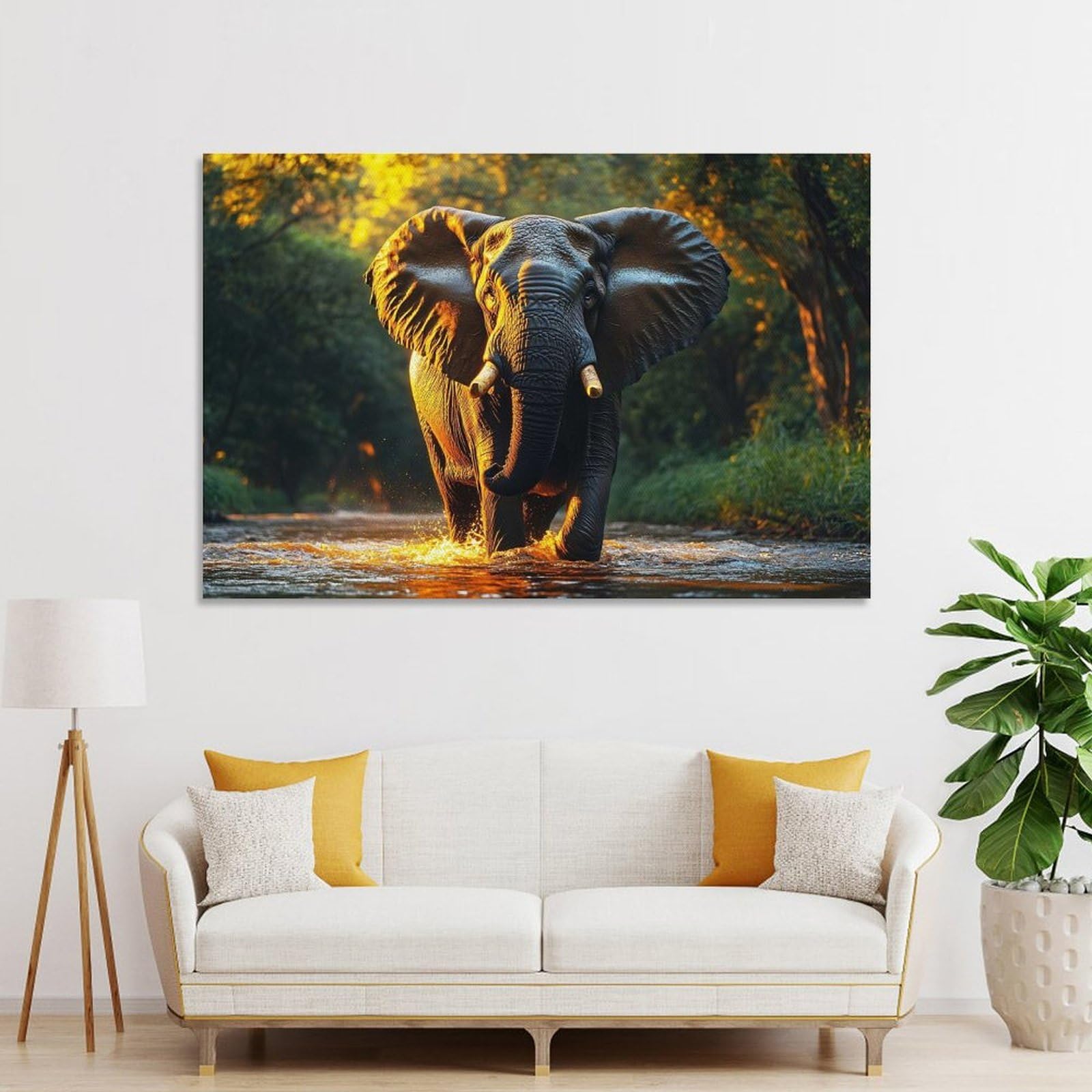 Junmoney Elephant Wading through River at Sunset Room Decor Wall Art, 24x36inch(60x90cm), for Entrance Walls, Hall Decor Or Foyers, A Neat Decor Update for Hallways