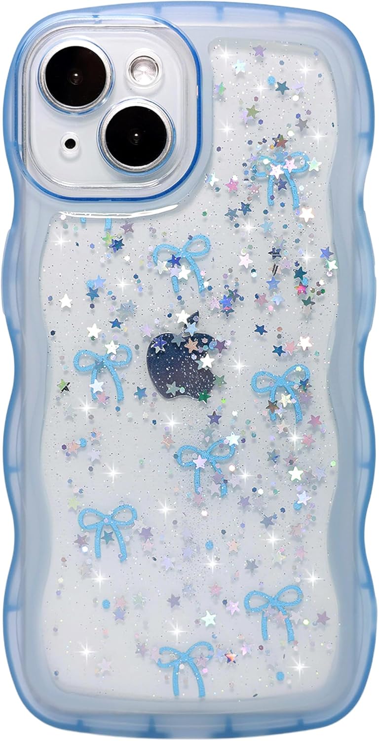 Qokey for iPhone 13 Mini Case 5.4 inch- Glitter Star & Curved Edge Handle Grip Design, Military-Grade Shockproof TPU Cover, Sparkle Protection Scratch-Resistant, Holographic Blue Bow