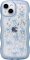 Vista 36 de Qokey para iPhone 14 Plus Funda de 6.7" con diseño de borde ondulado rizado, transparente, con purpurina, brillo, estrellas, brillante, lindo