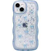 Qokey for iPhone 13 Case 6.1" Curly Wave Edge Design Transparent Bling Glitter Star Shiny Cute Clear Full Protection Soft TPU Shockproof Phone Cover for Women Girls, Holographic Blue Bow