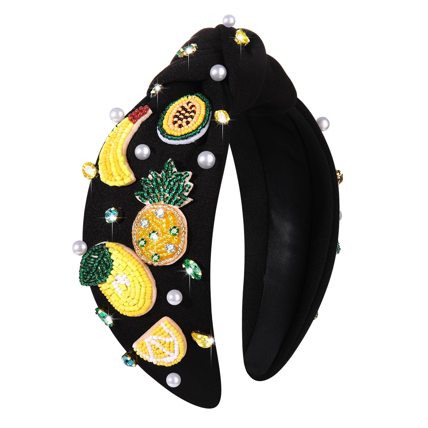 HSWE Knotted Headband for Women Fruit Headbands Strawberry Lemon Watermelon Apple Crystal Jeweled Embellished Top Knot Hairband Funny Gifts for Girls Sister BFF