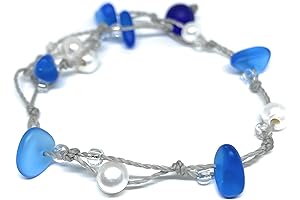 Freshwater Healing Pearl and Dark Blue Sea Glass Anti-Nausea Wrap Bracelet or Anklet