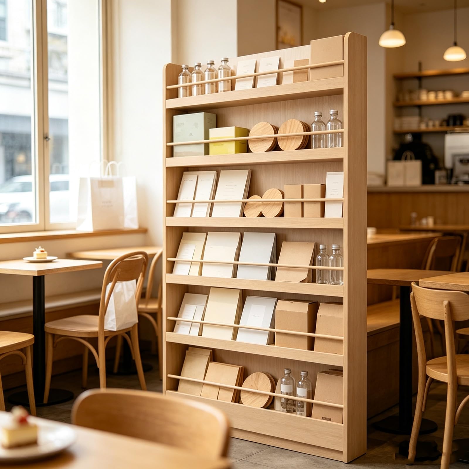 Freistehendes mehrstöckiges geneigtes Holzregal für verpackte Bücher