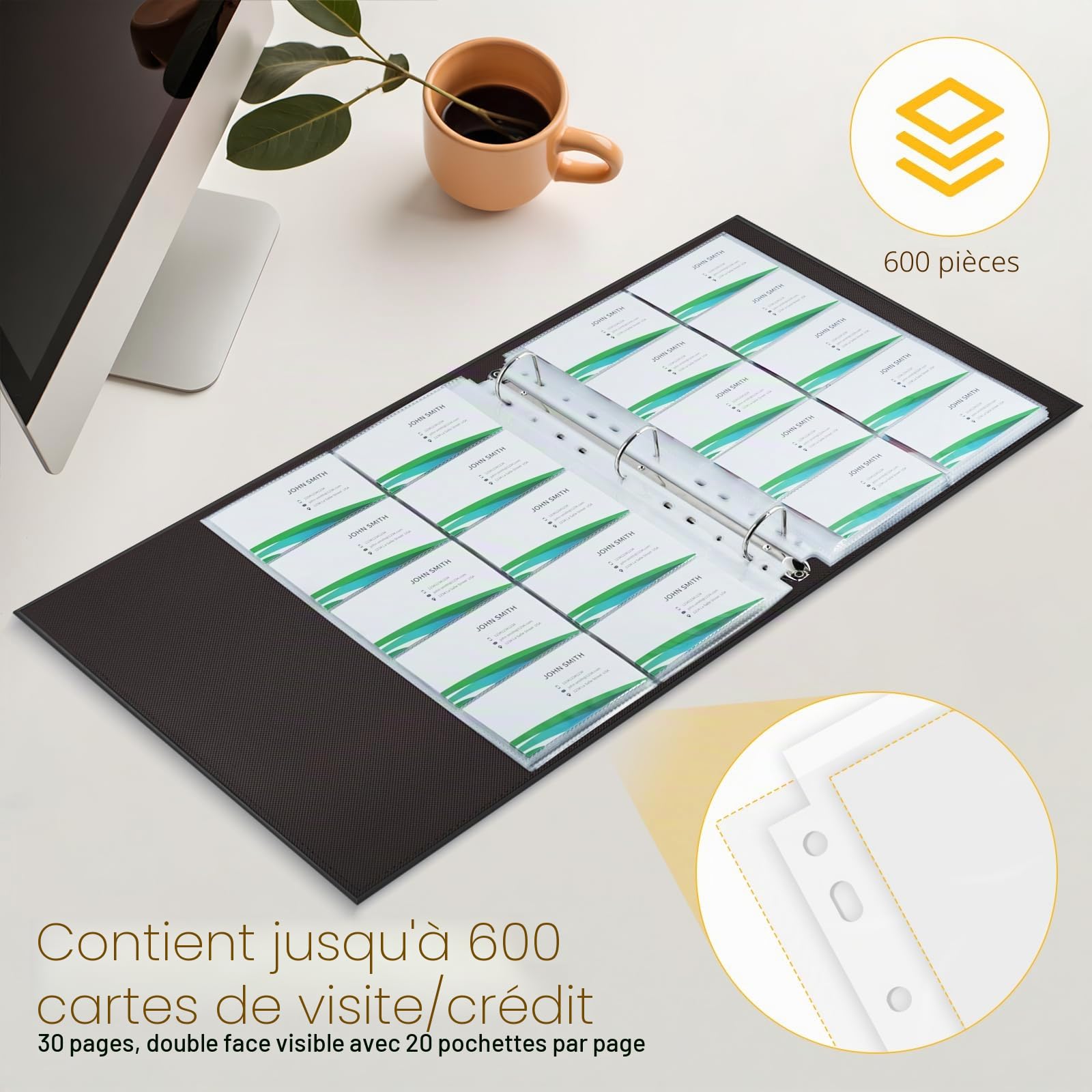 Classeur Visites A4 600 Cartes - Housse PU Cuir, 30 Feuilles Rechargeables (20 Poches/Face), Design Chargement Latéral pour Cartes de Visite & Bancaires, Organisation Bureau, Noir