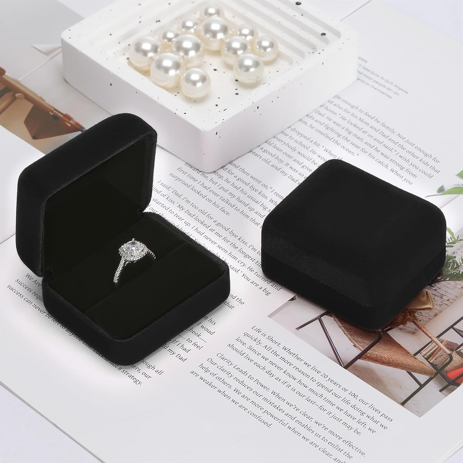 KUKUVR 2 Pieces Velvet Metal Wedding Ring Box, Elegant Jewelry Earring Studs Gift Box for Women Girl, Ring Holder Case for Engagement Proposal, Anniversary, Bridal Party Decor (Black)