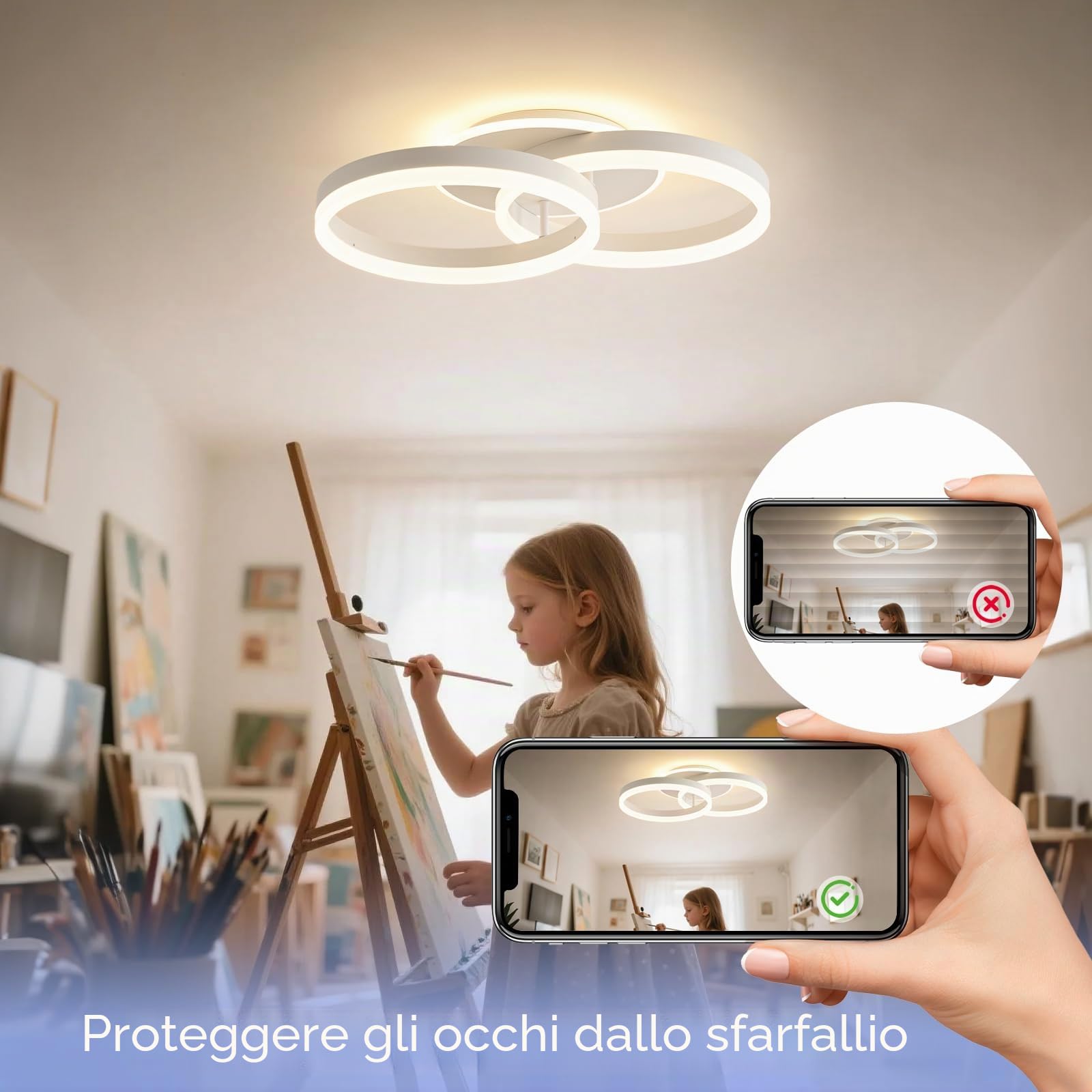 Smart Plafoniera LED Alexa, φ50 cm Design 2 Ring, Lampada da Soffitto 36W, Dimmerabile con Telecomando, Metallo+Acrilico, per Cucina, Camera da letto, Sala da Pranzo Bianco