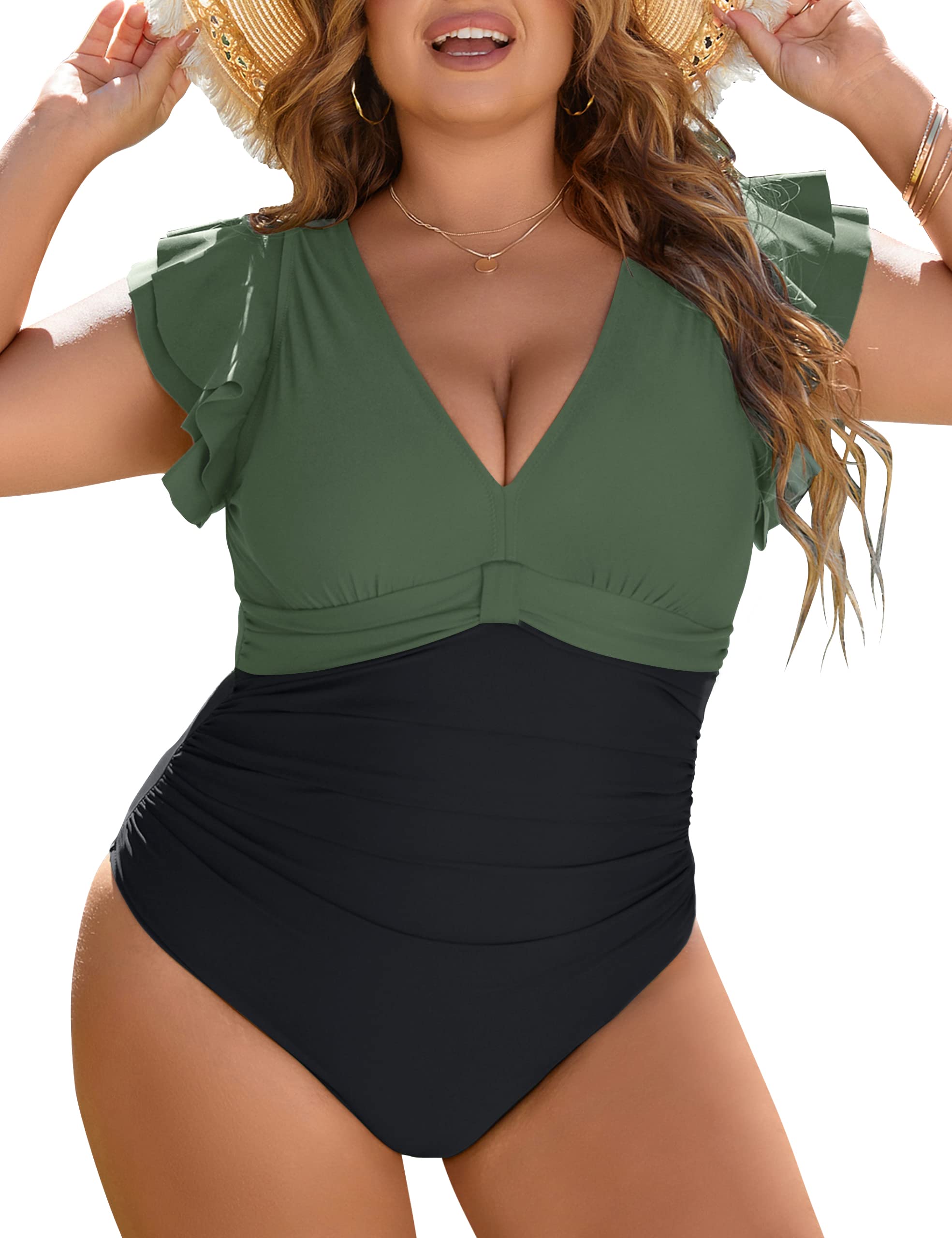 Blooming JellyWomen's Plus Size Swimsuit One Piece Tummy Control Bathing Suit Modest Full Coverage Ruffle Swim Suits