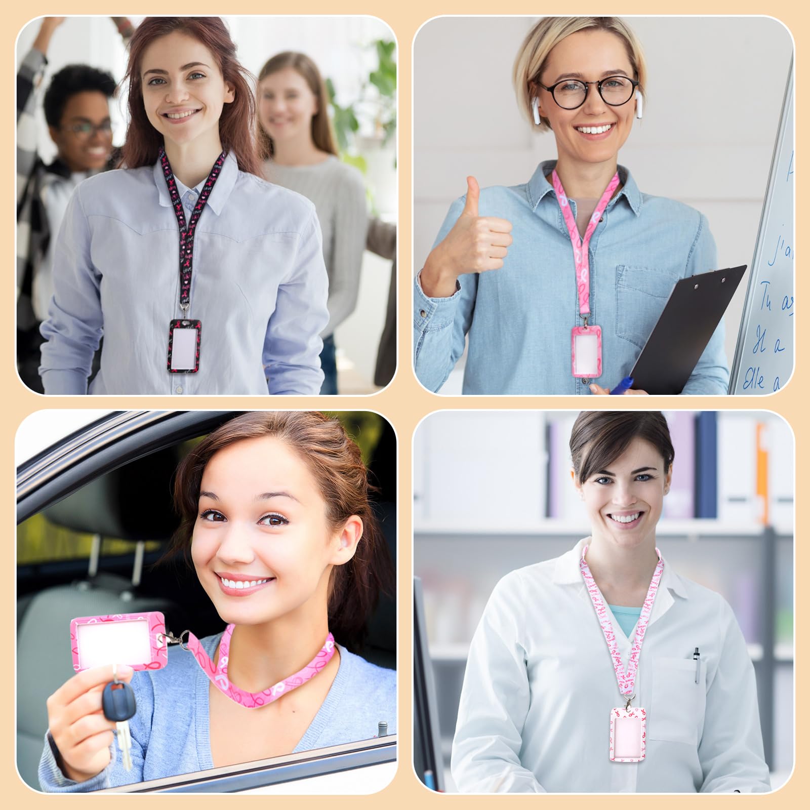 Qilery Set di 24 porta badge per la sensibilizzazione al cancro al seno, con cordini, nastro rosa, porta badge per donne, ragazze, sopravvissute al cancro, regali per eventi pubblici
