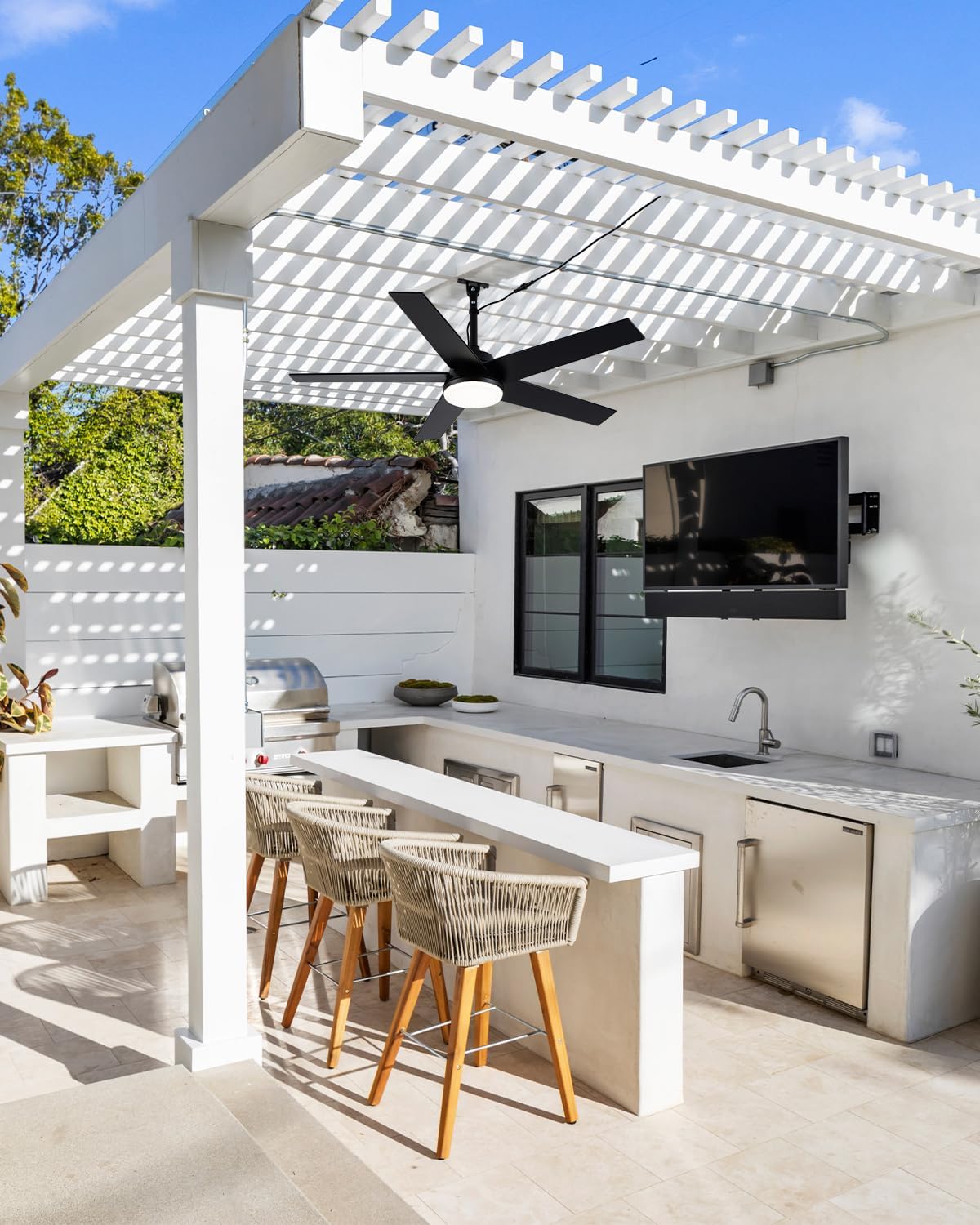 48 Inch Waterproof Outdoor Ceiling Fan with Lights, IP65 Hanging Gazebo Fan with App/Remote Control, 5-Blade Plug in Ceiling Fan Light with 6-Speed Reversible, Dimmable, Timer, (Black)