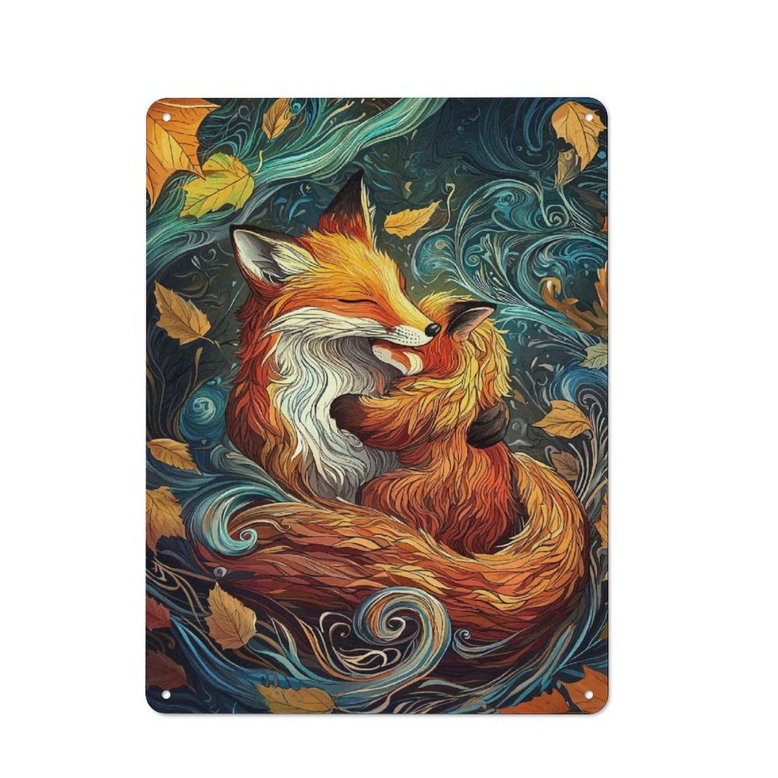 Junmoney Style-10 Metal Sign 40X30cm With Fox Family Embrace For Workshop Wall, Vintage Decor, For Vintage Wall Decor Fans, For Metal Sign Collectors